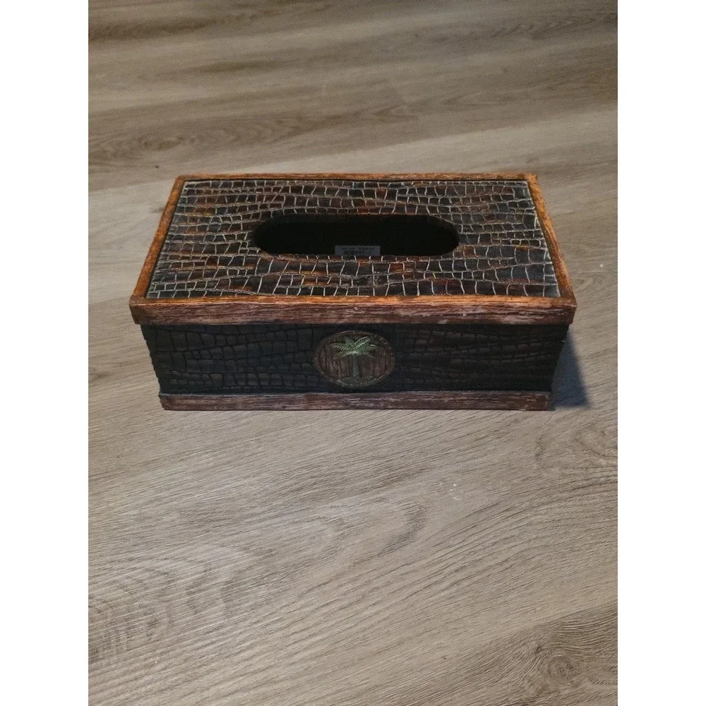 Tissue Box Cover,decorative  heavy man made composite, brown, palm tree on front